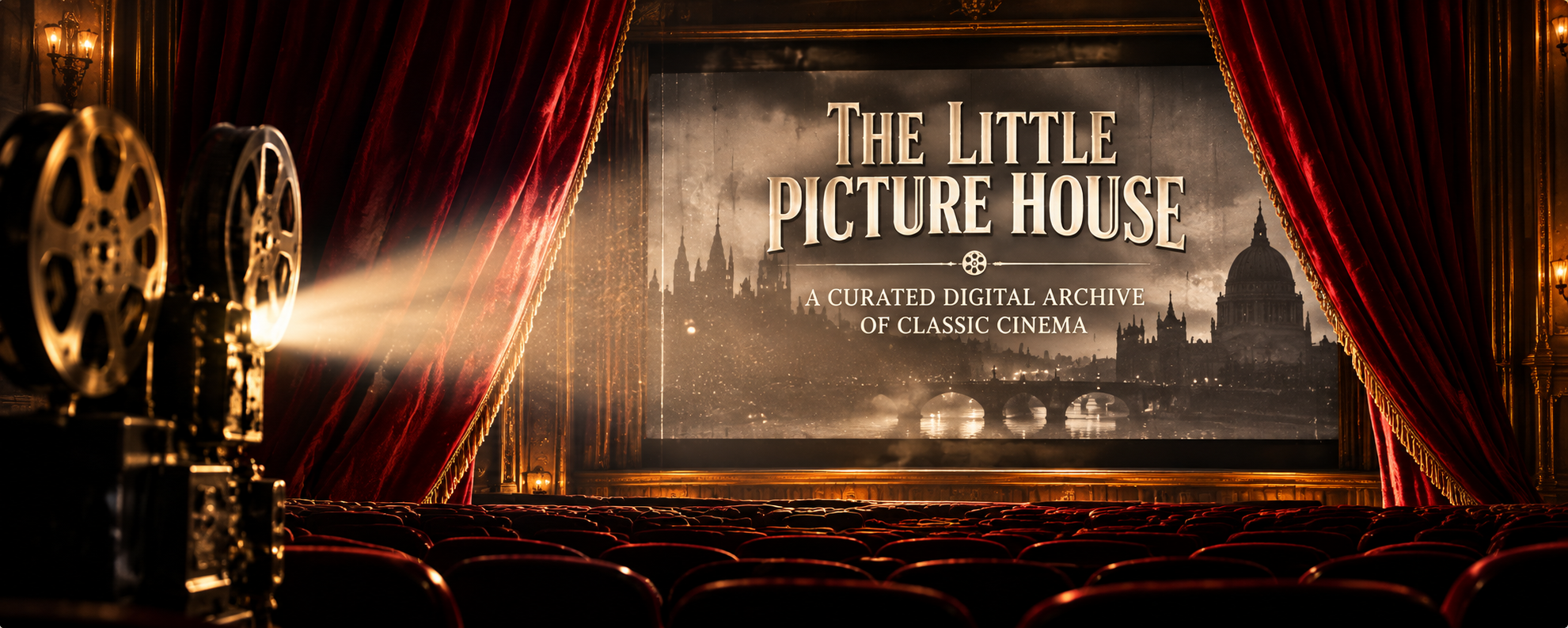 The Little Picture House — a curated digital archive of classic cinema, displayed on a cinema screen framed by red velvet curtains and a vintage projector.