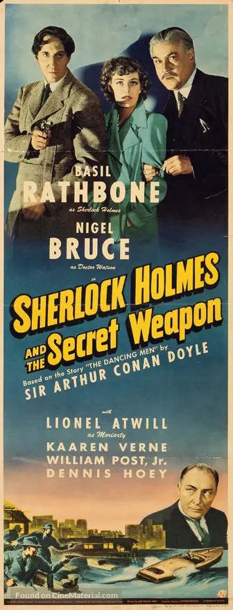 Tall vintage poster featuring Basil Rathbone, Nigel Bruce and Lionel Atwill